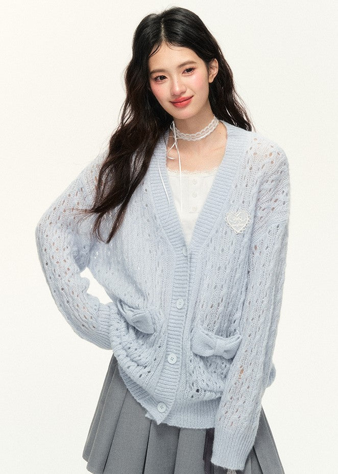 Bow Pocket Hollow Cable Knitted Sweater Cardigan NTO0134