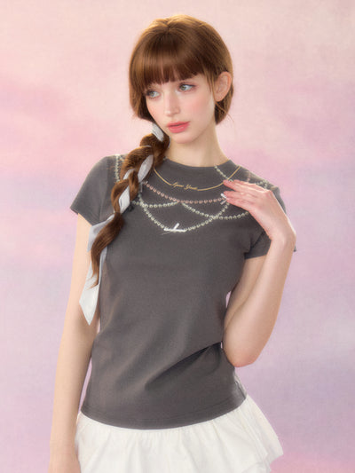 Overlapping necklace design T-shirt & ruffle layered skirt style belt SPE0039