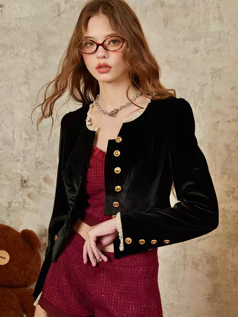 Noble Gold Button Lace Round Neck Black Velvet Waist Short Cardigan GIF0061