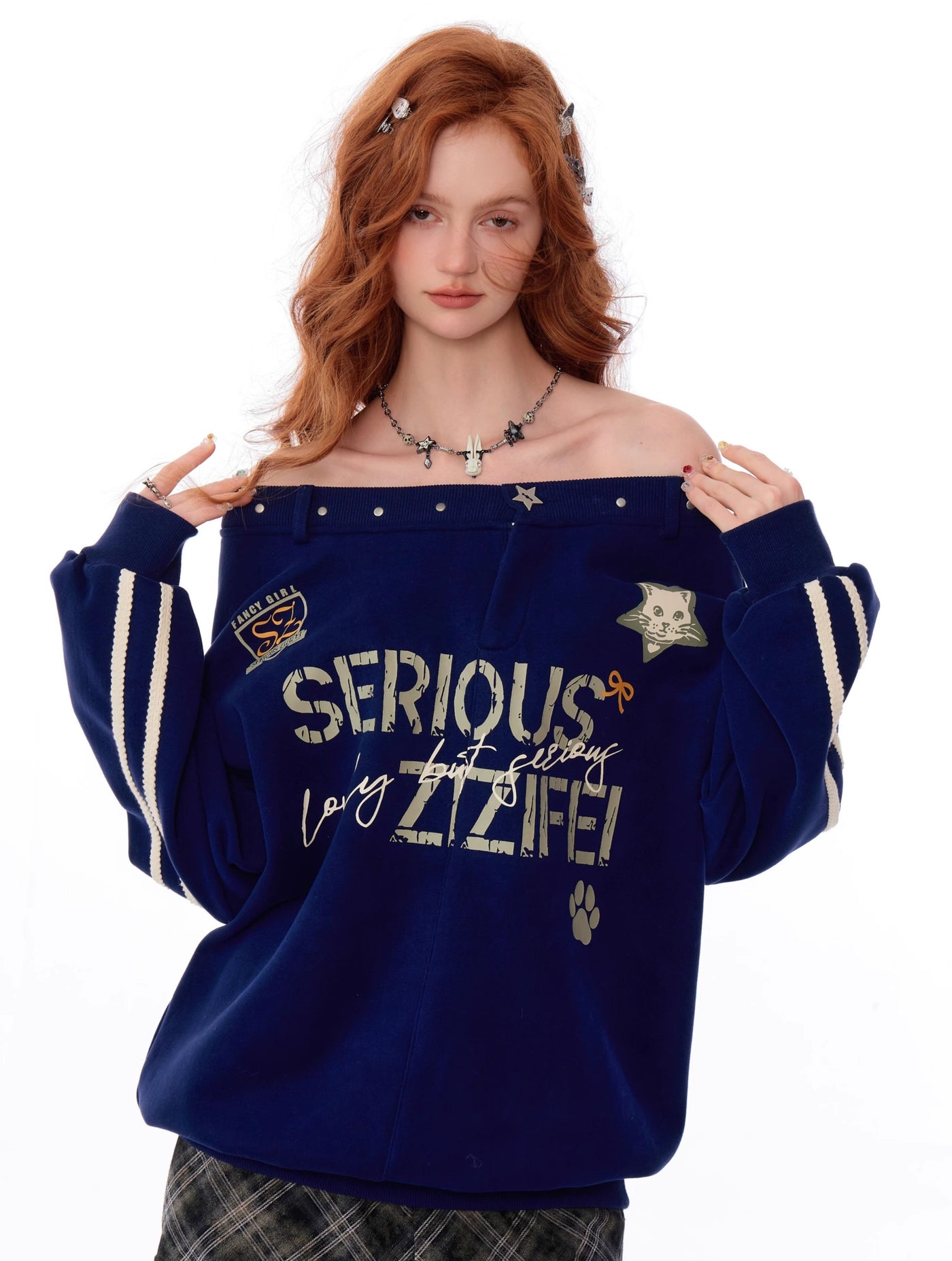 American Style One Shoulder Loose Letter Print Sweatshirt ZIZ0174