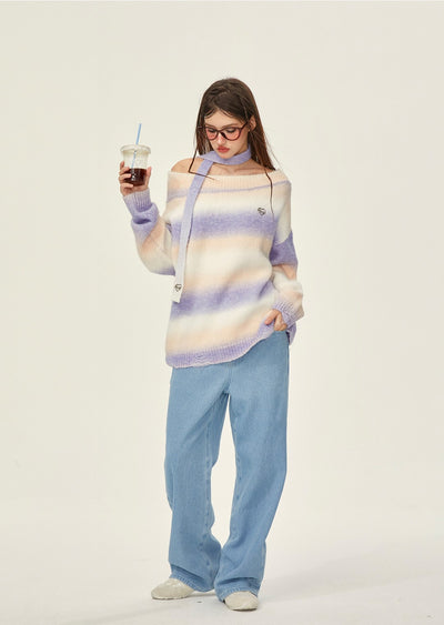 Rainbow Knitted Off-shoulder Lazy Sweater GIF0074