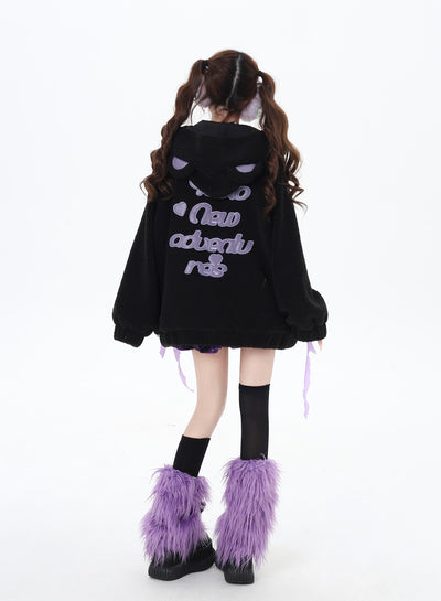 Purple ribbon design thick cotton loose jacket with bear ears hood CRA0089