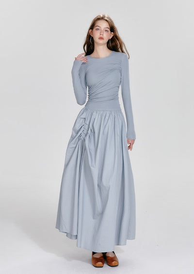 Ballet Style Round Neck High-end Irregular Pleated Long Sleeve Dress BOH0054