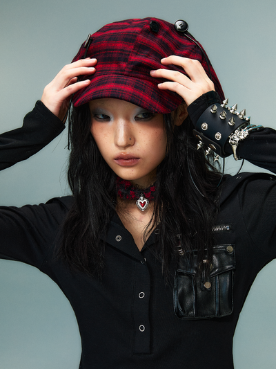 Button Red Plaid Cloud Beret FRU0087