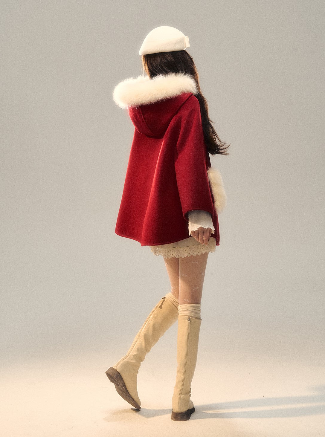 Hooded Burgundy Fur Wool Coat BBB0127