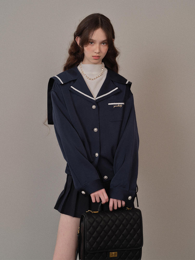 Navy hem gathered loose sailor button jacket YOO0068