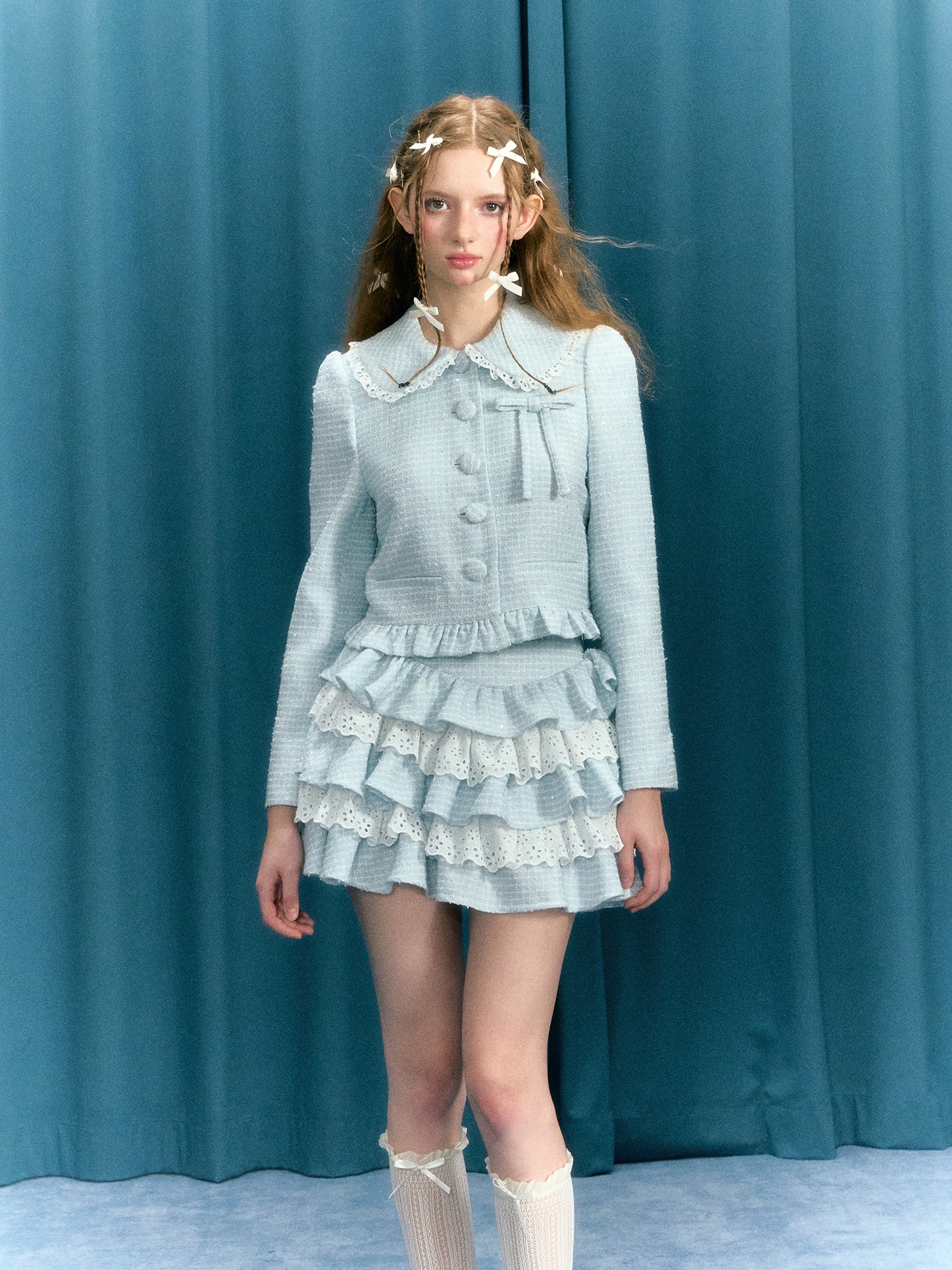 Baby Blue Bow Suit Short Jacket/Lace Cake Skirt NAR0043