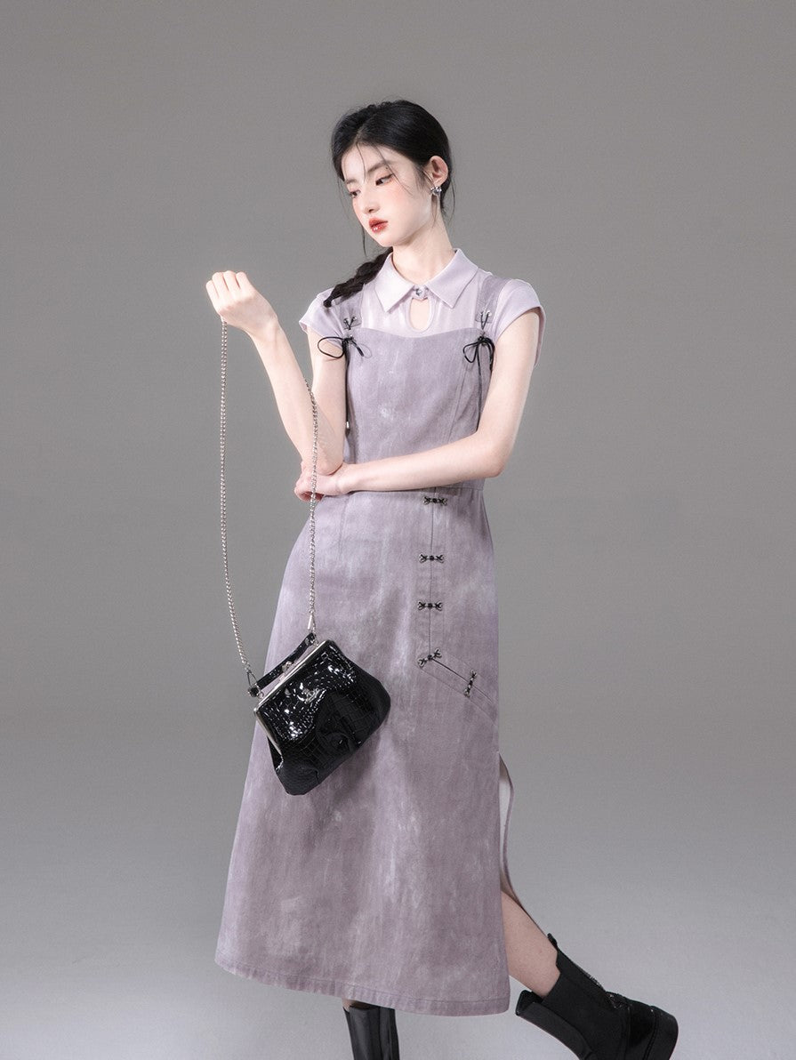 Plum Purple Tencel Shirt/Tie-Dye Printed Suspender Dress COT0131