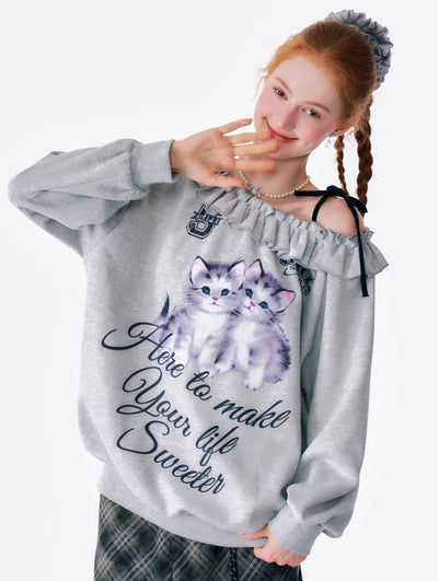 American Retro Oblique Shoulder Loose Lazy Style Cat Print Sweatshirt ZIZ0179