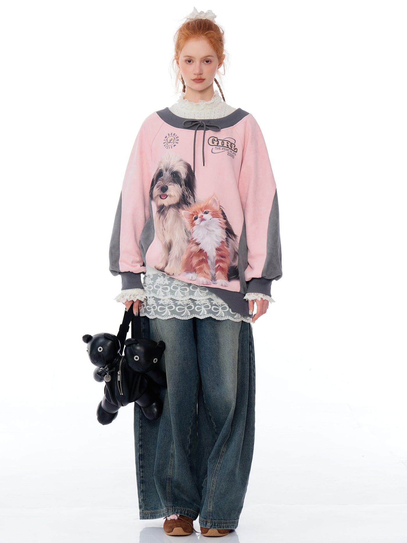 Loose Round Neck Contrast Suede Cat And Dog Print Sweatshirt ZIZ0170