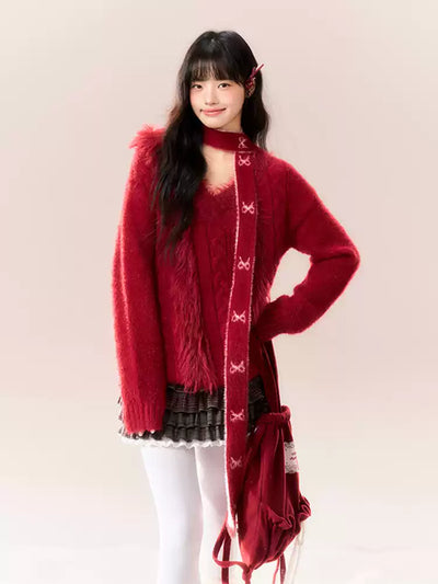 Red Bow Design V-Neck Cable Knit NTO0166