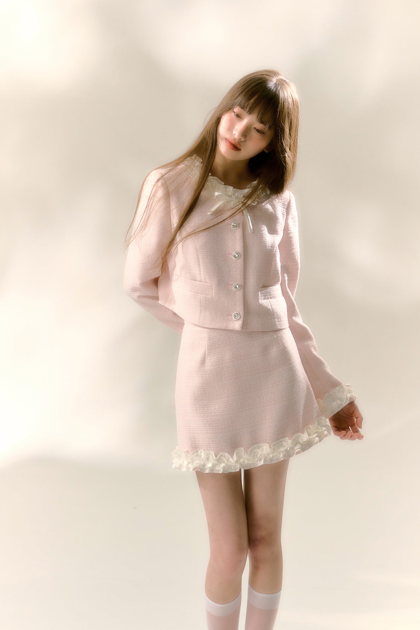 Ribbon Ruffle Neck Stone Button Jacket & Ruffle Hem Mini Skirt REC0036