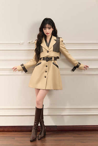 High-end Contrast Color Leather Trench Jacket/Dress OSH0063