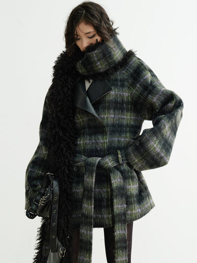 Retro Super Long Fur Scarf Plaid Coat JNY0204