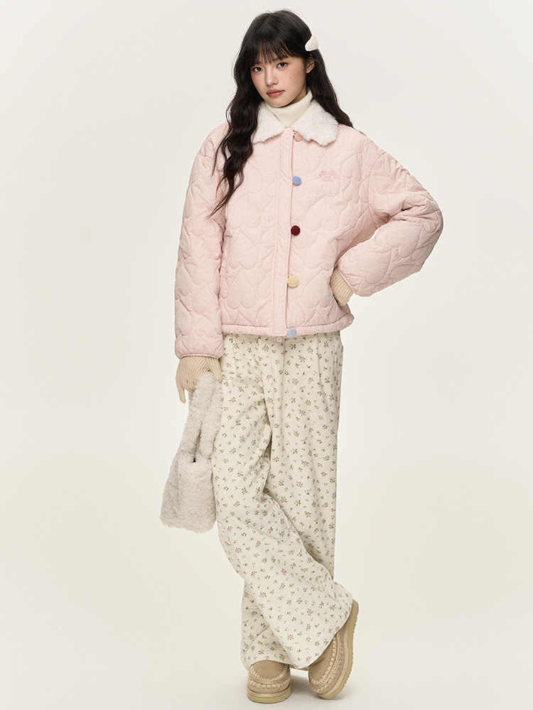 Colorful Button Fur Collar Quilted Jacket NTO0145