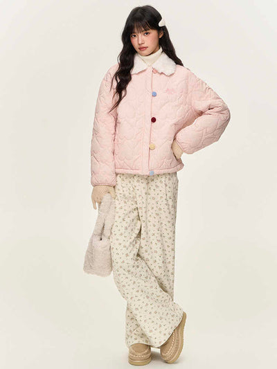 Colorful Button Fur Collar Quilted Jacket NTO0145