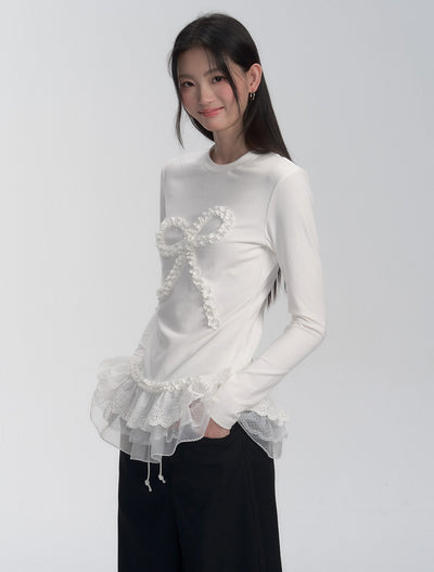 Lace Stitching Bow Design Top FRA0274