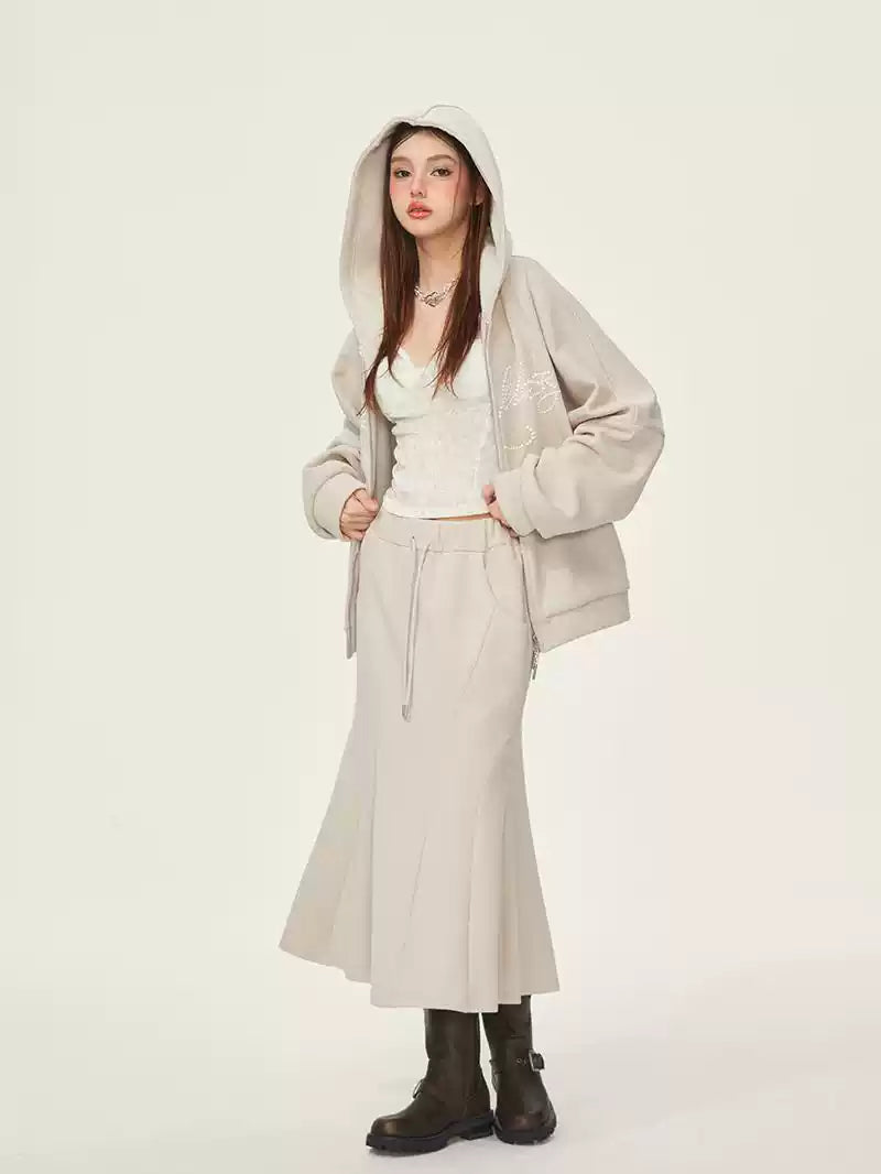 Double Zipper Plus Velvet Thickened Hooded Sweatshirt Jacket/Long Skirt GIF0075