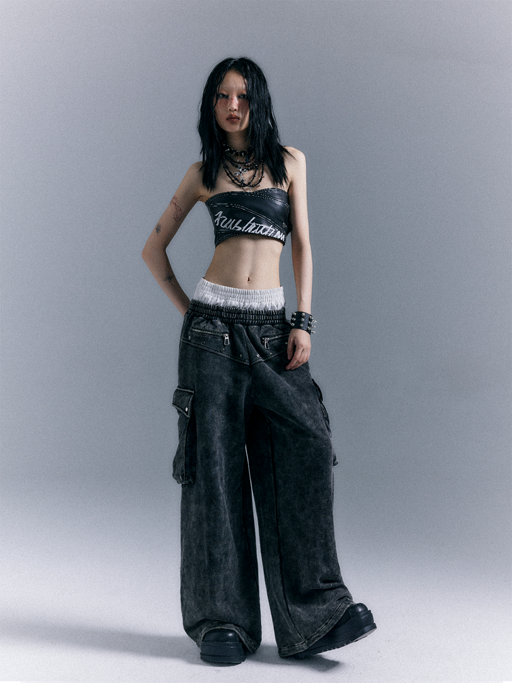 Street Punk Washed 3D Pocket Double Waist Wide Leg Sweatpants FRU0065