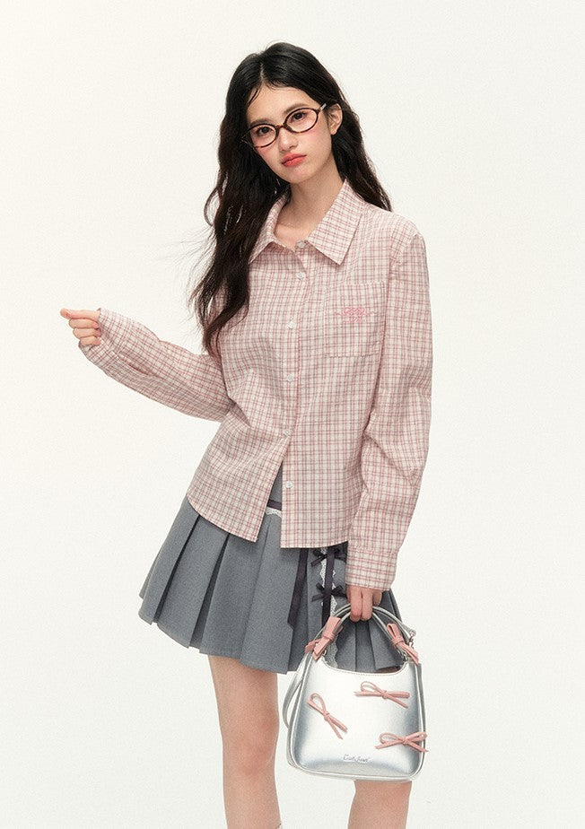 Multi-color Straight Shoulder Plaid Bow Embroidery Long-sleeved Shirt NTO0119