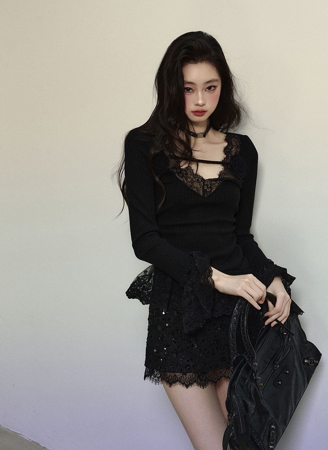 Ruffled Lace Long Sleeve Slim Sweater DIA0311