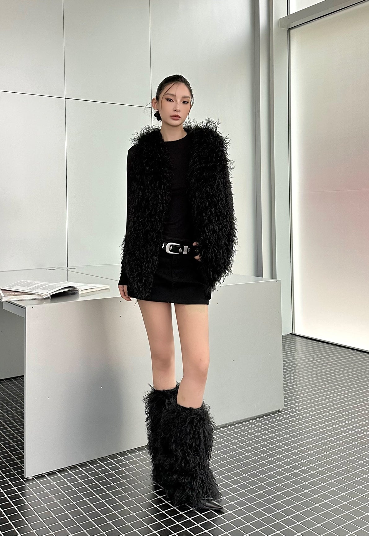 Black Environmentally Friendly Leather Fur Vest Jacket IAM0078