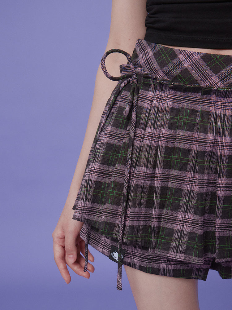 Ribbon Strap Plaid Pleated Culottes Skirt SAG0159