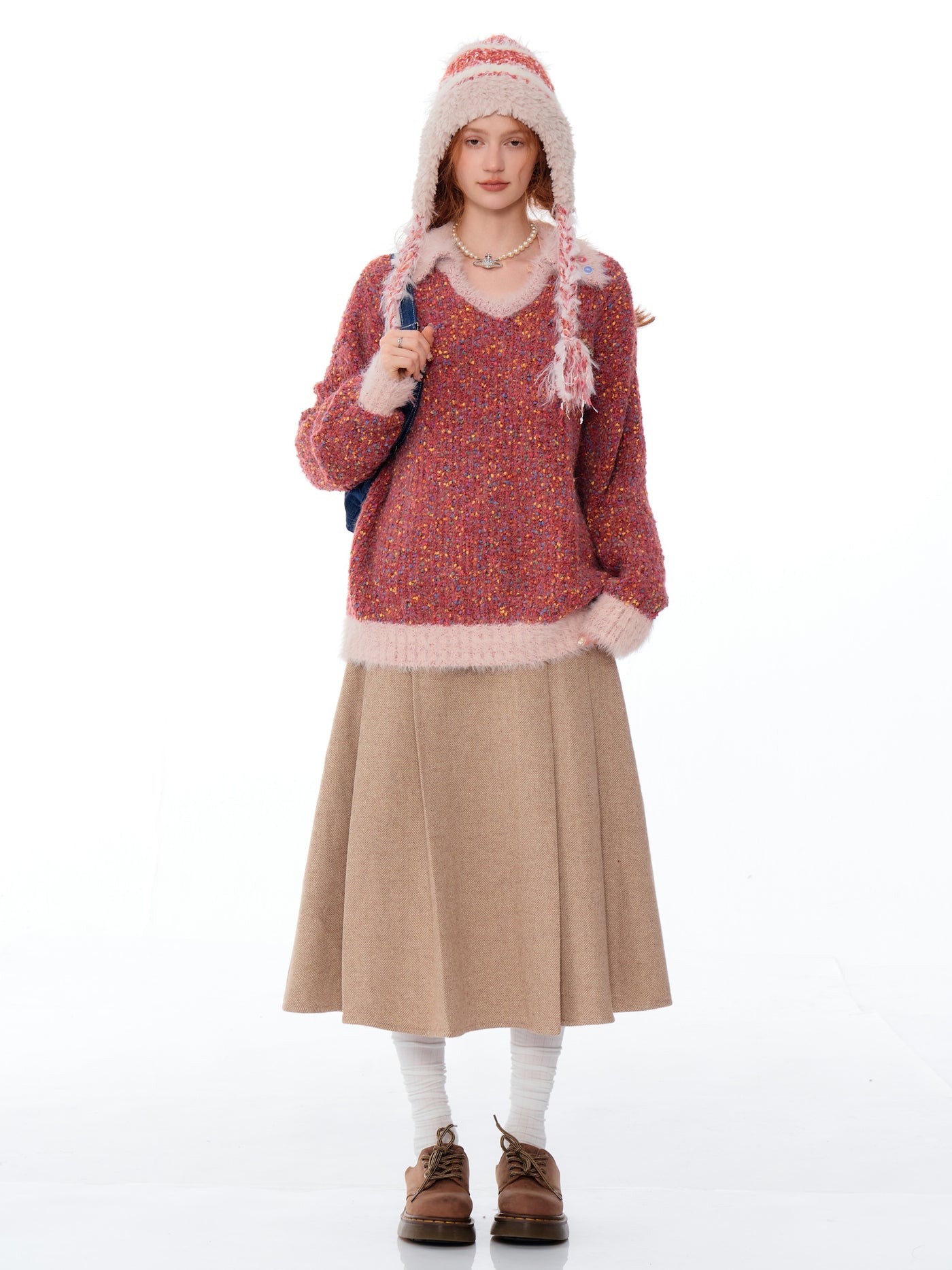 Christmas Mixed Color Wool Mix Polo V-Neck Knit Top ZIZ0203