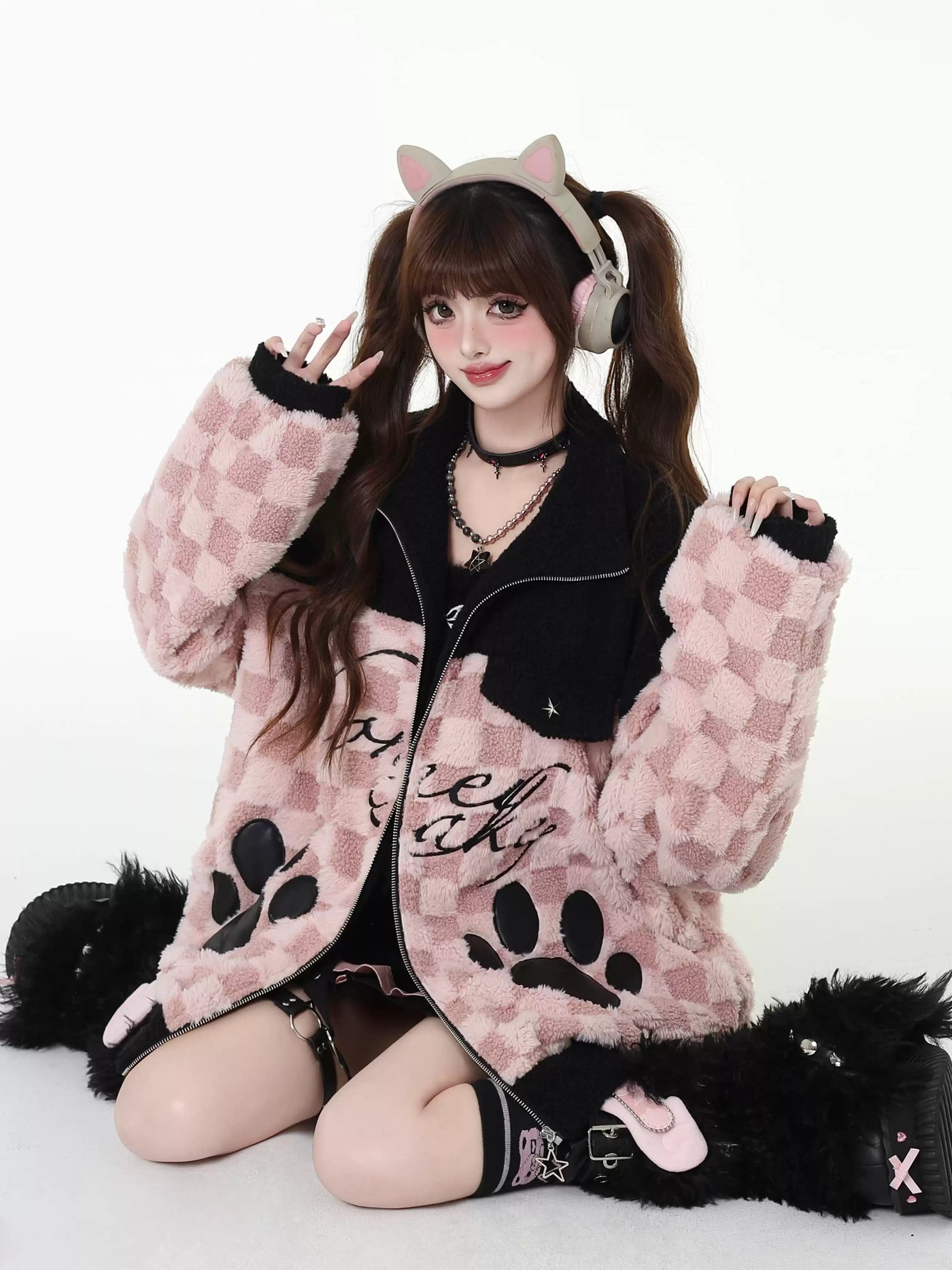 Paw Ball Design Stand Collar Loose Zip Jacket CRA0096