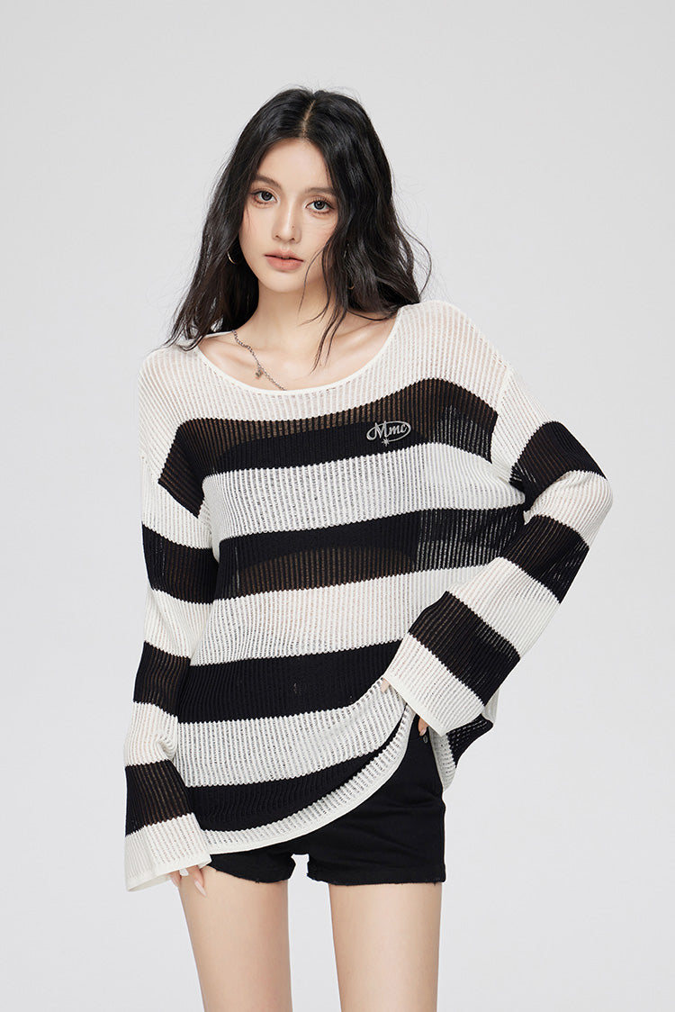 Black And White Striped Lazy Design Loose Sweater MAC0080