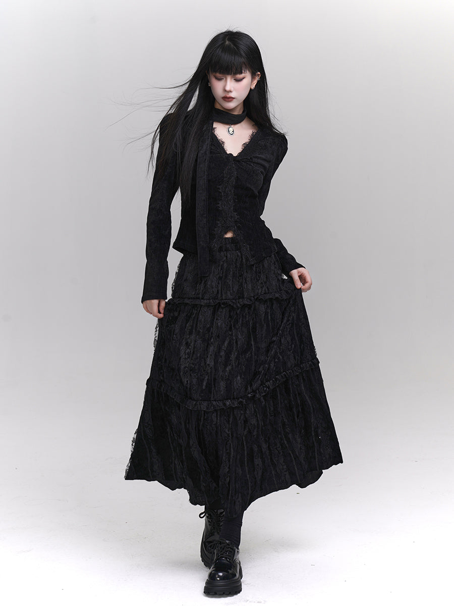 Black Velvet Top/Pleated Long Skirt LAD0125