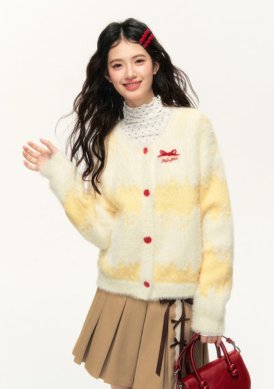 Bowknot Cream Yellow Long Hair Gradient Stripes Lazy Style Sweater Cardigan NTO0136