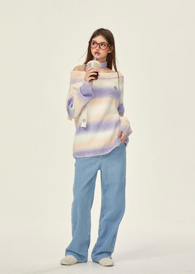 Rainbow Knitted Off-shoulder Lazy Sweater GIF0074