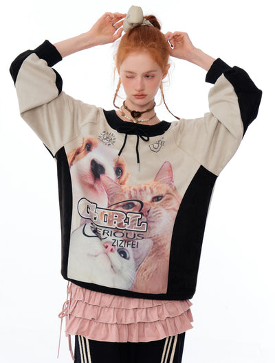 Loose Round Neck Contrast Suede Cat And Dog Print Sweatshirt ZIZ0170