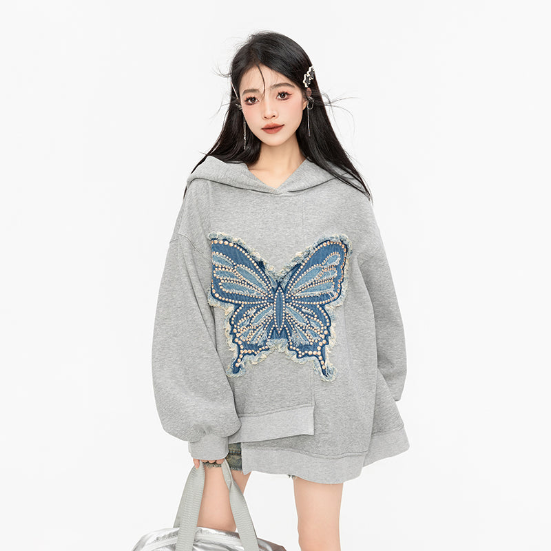 Butterfly Embroidery Deformation Loose Hoodie Top KEI0040 Young Social Club