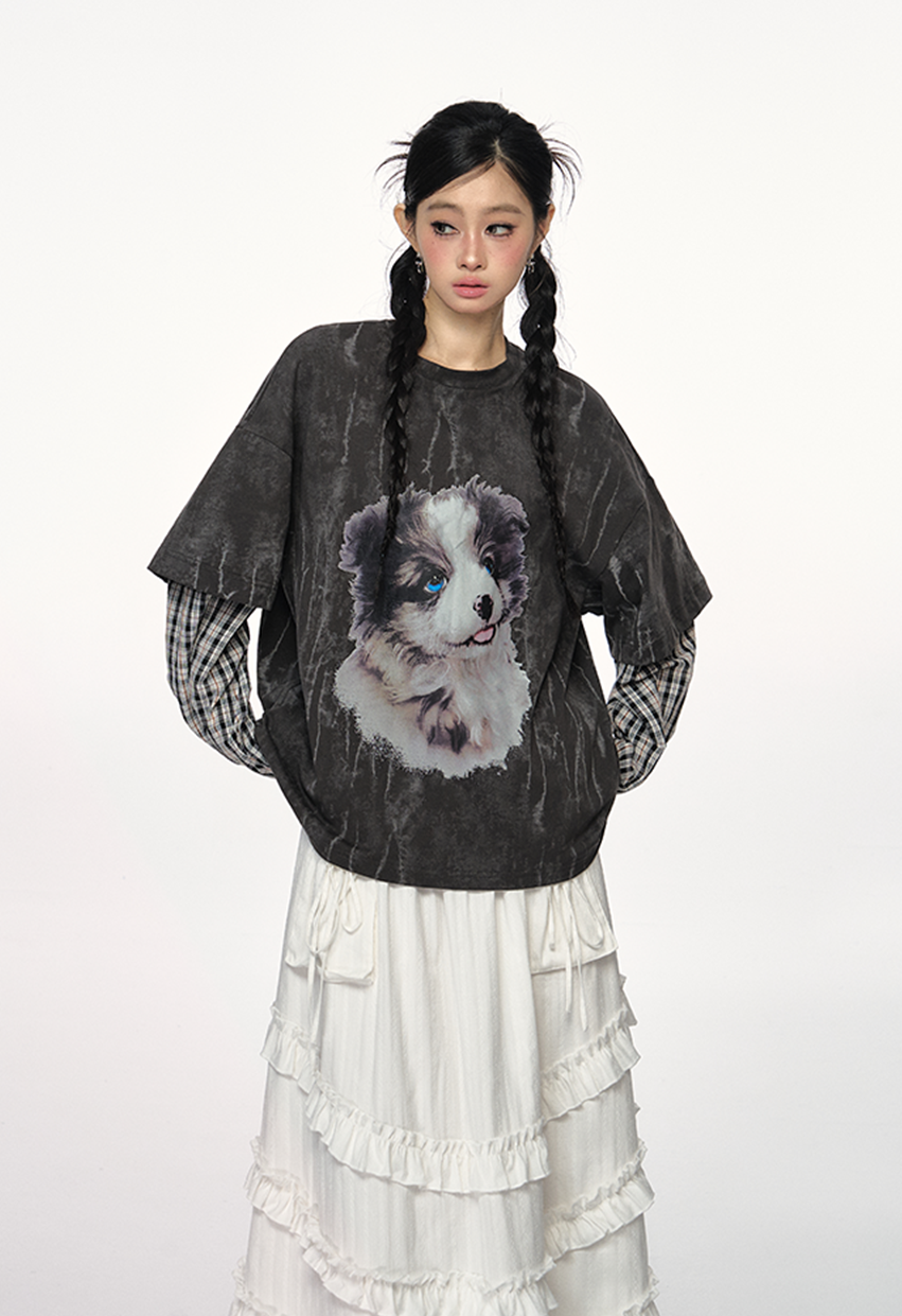 Fake Two-piece Stitching Black Puppy Long-sleeved T-shirt PUN0027