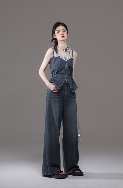 Blue Double Sling V-neck Lace Waist Slimming Denim Camisole/Jeans COT0130