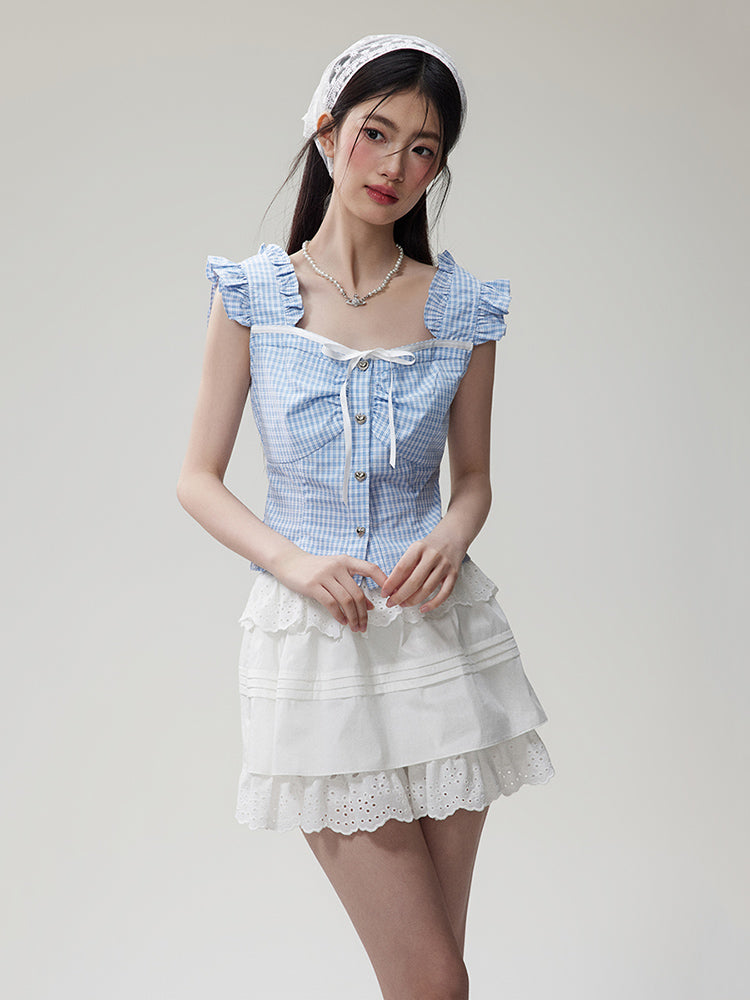 Ruffle Sleeve Blue Checked Girly Top & Lace Layered A-Line Mini Skirt NTO0082