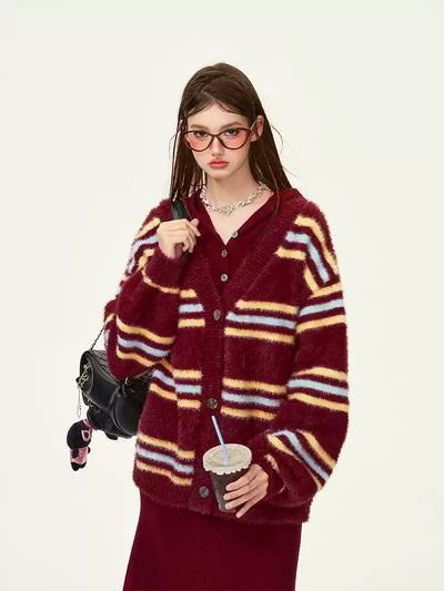 Retro Striped Loose Lazy Style Sweater Cardigan GIF0069