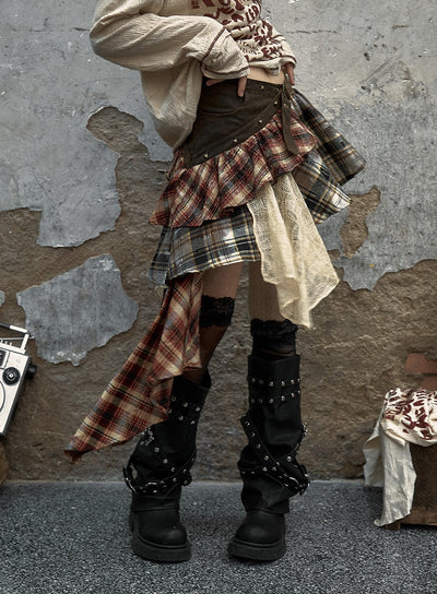 American Street Retro Punk Rebellious Splicing Plaid Irregular Skirt NOR0084