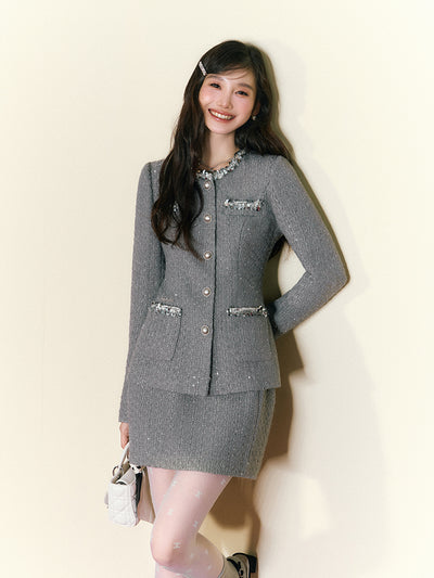 Luxurious Style Waisted Beaded Suit Jacket/Slim Short Skirt UND0103