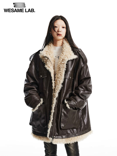 Fur and stand collar mid-length work leather jacket WES0152