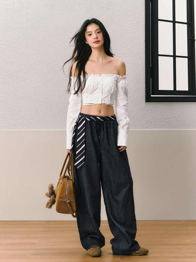 Dark Blue Wide Leg Relaxed Denim Style Pants SHI0076