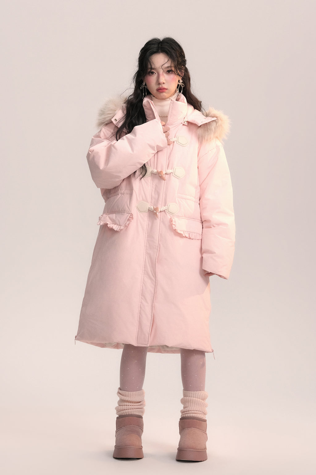 Bow-knot Fur Collar Lace Pocket Long Coat AOO0045