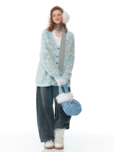 American Retro Blue Leopard Pattern Soft Knit Cardigan ZIZ0207