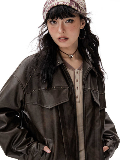 American Retro Loose Lapel Leather Jacket IMO0064