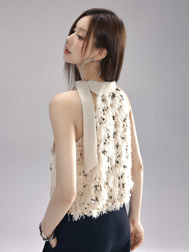 Feather Sequined Ribbon Neck Sleeveless Top LAC0240