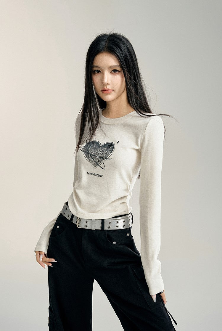 Basic Style Waist Slim Design Versatile Love Heart Long-sleeved T-shirt MAC0093