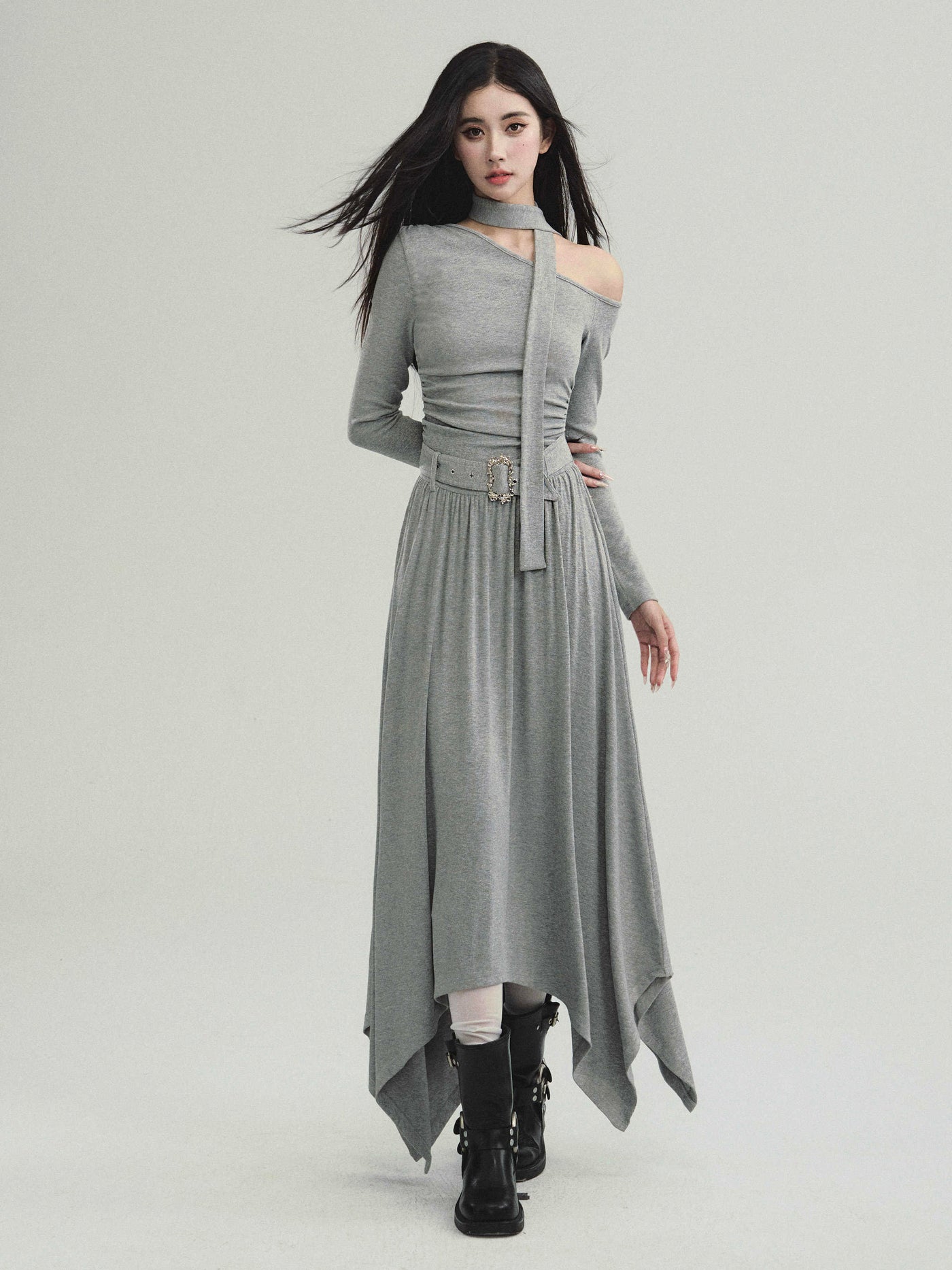 One Shoulder Waist Belt Round Hem Knit Dress FRA0212