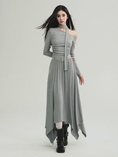 One Shoulder Waist Belt Round Hem Knit Dress FRA0212